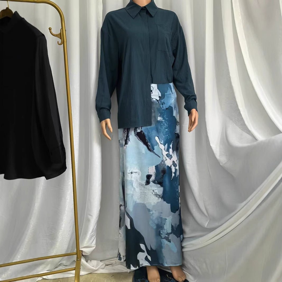 Shirt & Abstract Print Skirt Set | Collared Blouse Two - Piece Outfit(MS260) - Mariam's Collection