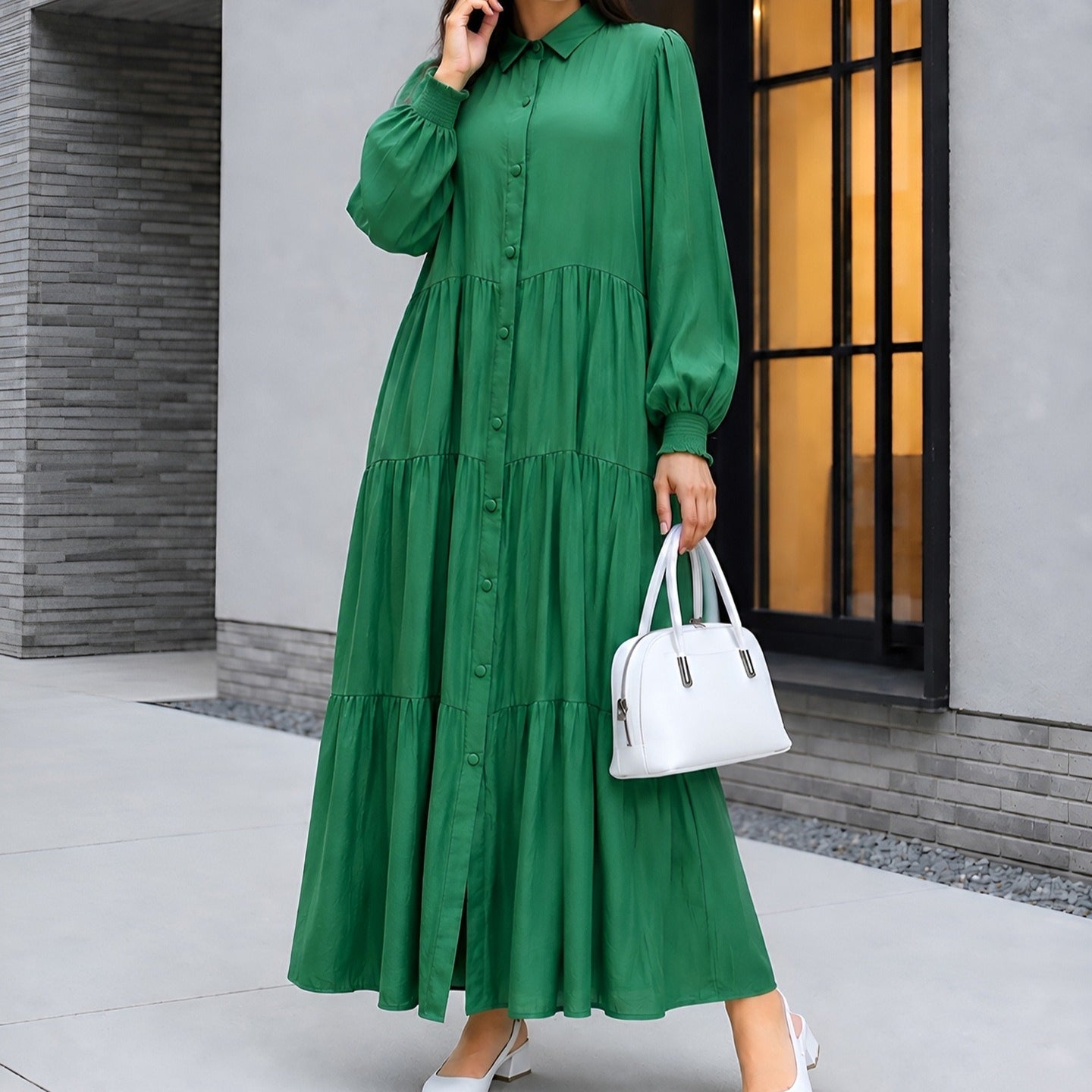 Shirt Collar Button-Down Tiered Maxi Dress(MA465) - Mariam's Collection