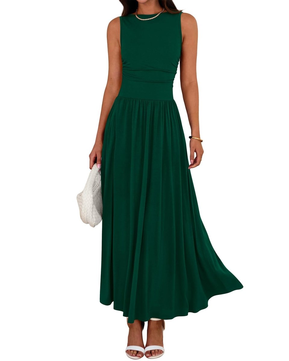 Sleeveless Gathered Waist Maxi Dress with Pockets(MA395) - Mariam's Collection