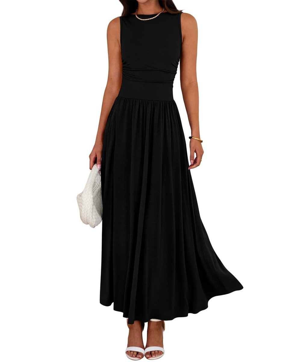 Sleeveless Gathered Waist Maxi Dress with Pockets(MA395) - Mariam's Collection
