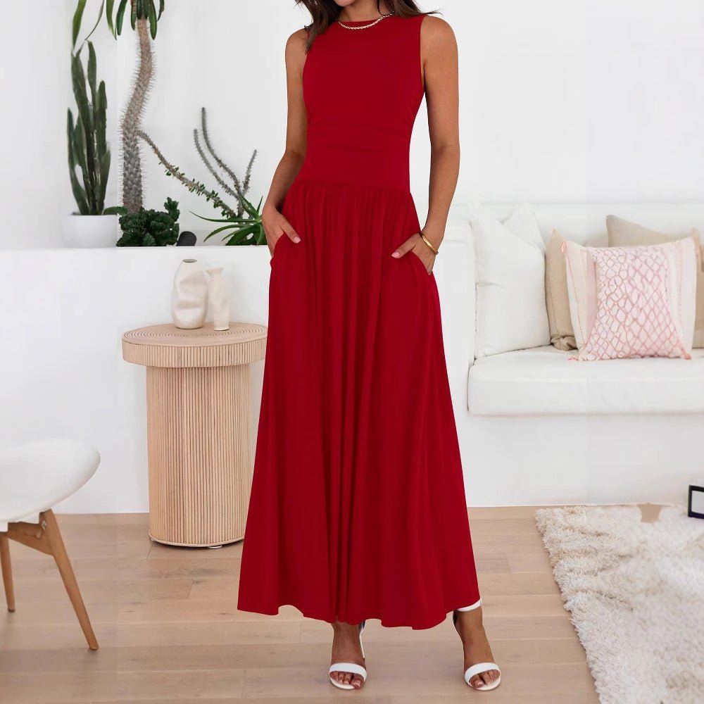 Sleeveless Gathered Waist Maxi Dress with Pockets(MA395) - Mariam's Collection