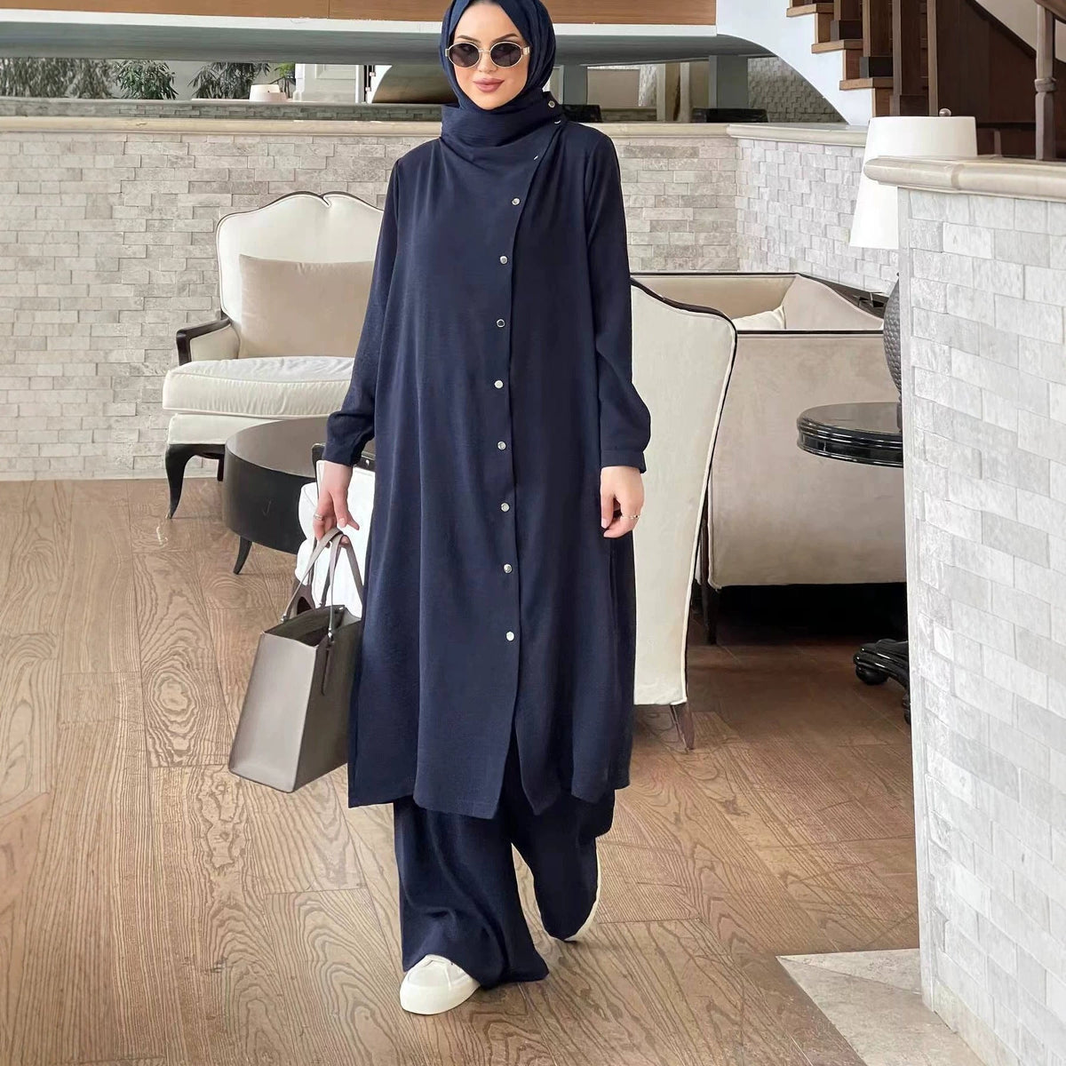 Snap Button Long Tunic & Wide-Leg Trousers Two-Piece Co-ord Set(MS508) - Mariam's Collection