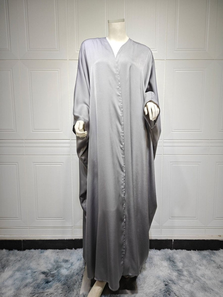 Soft Forged Bat Sleeve Abaya Robe | V - Neck Satin Cardigan Dress(MOA224) - Mariam's Collection