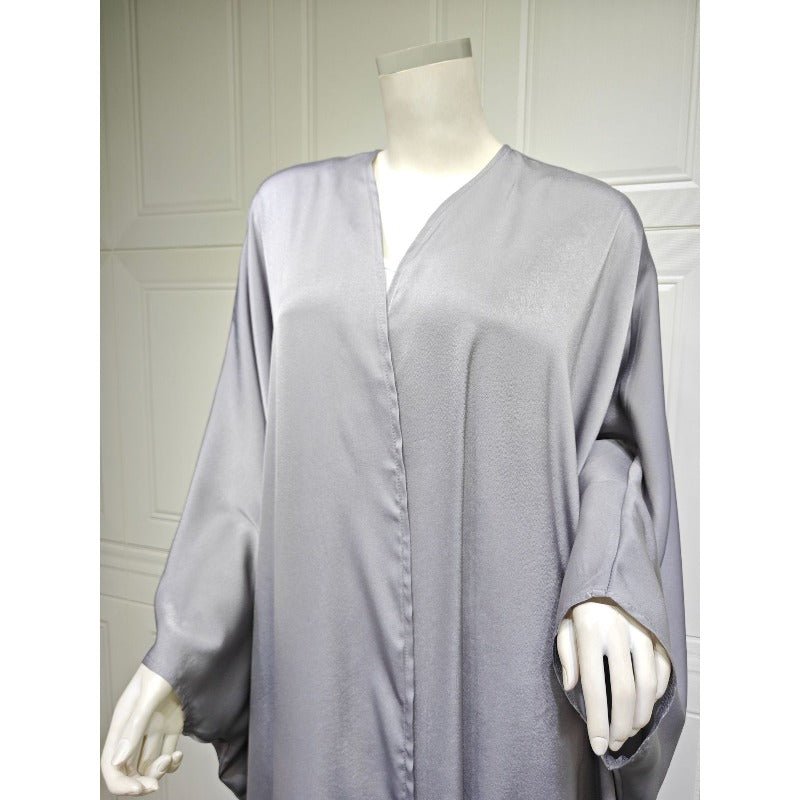Soft Forged Bat Sleeve Abaya Robe | V - Neck Satin Cardigan Dress(MOA224) - Mariam's Collection