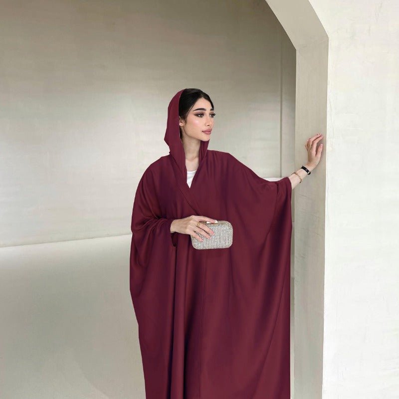 Soft Forged Bat Sleeve Abaya Robe | V - Neck Satin Cardigan Dress(MOA224) - Mariam's Collection