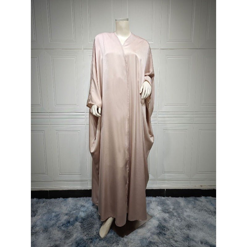 Soft Forged Bat Sleeve Abaya Robe | V - Neck Satin Cardigan Dress(MOA224) - Mariam's Collection