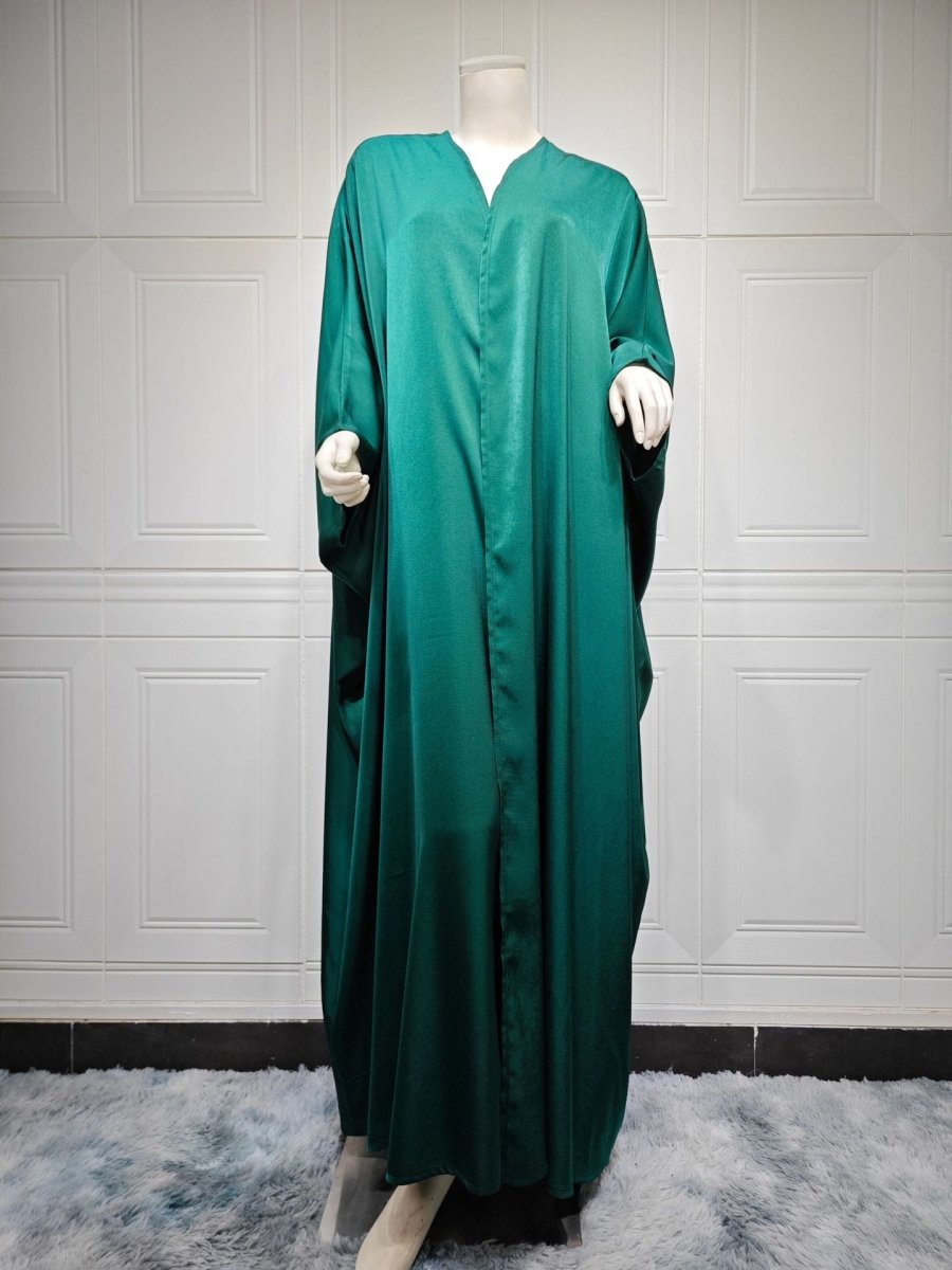 Soft Forged Bat Sleeve Abaya Robe | V - Neck Satin Cardigan Dress(MOA224) - Mariam's Collection