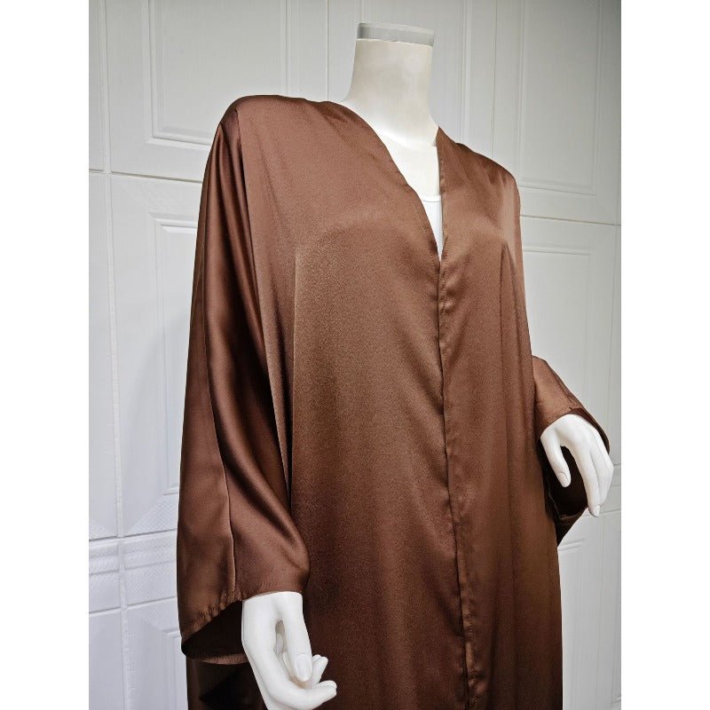 Soft Forged Bat Sleeve Abaya Robe | V - Neck Satin Cardigan Dress(MOA224) - Mariam's Collection