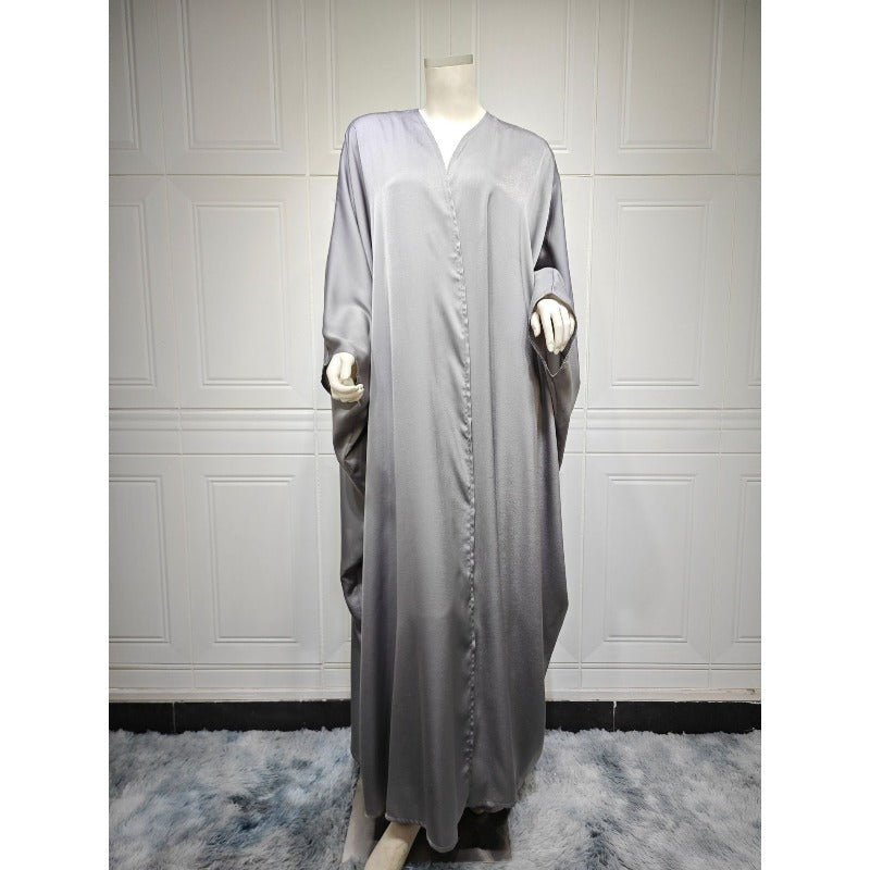 Soft Forged Bat Sleeve Abaya Robe | V - Neck Satin Cardigan Dress(MOA224) - Mariam's Collection