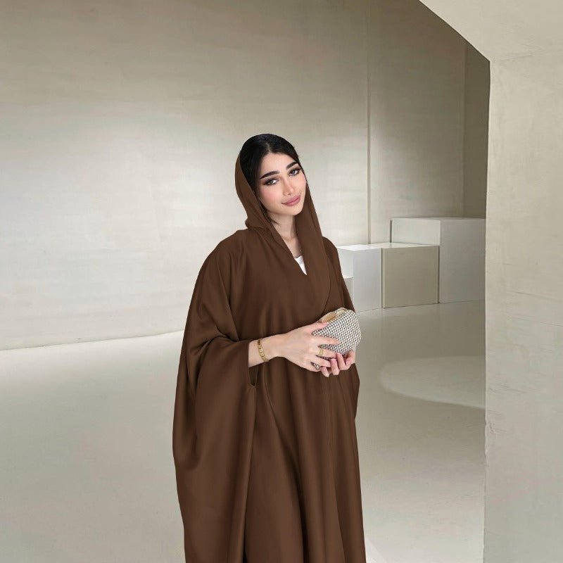 Soft Forged Bat Sleeve Abaya Robe | V - Neck Satin Cardigan Dress(MOA224) - Mariam's Collection