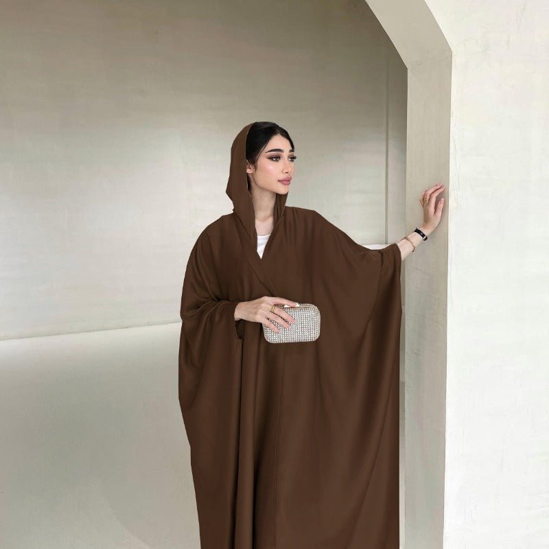 Soft Forged Bat Sleeve Abaya Robe | V - Neck Satin Cardigan Dress(MOA224) - Mariam's Collection
