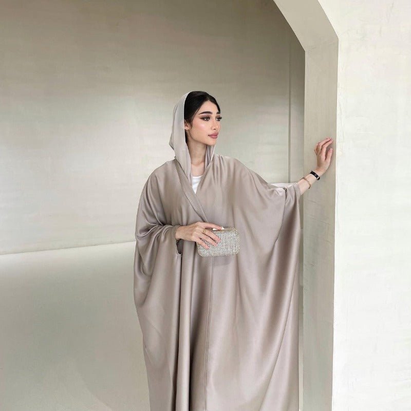 Soft Forged Bat Sleeve Abaya Robe | V - Neck Satin Cardigan Dress(MOA224) - Mariam's Collection