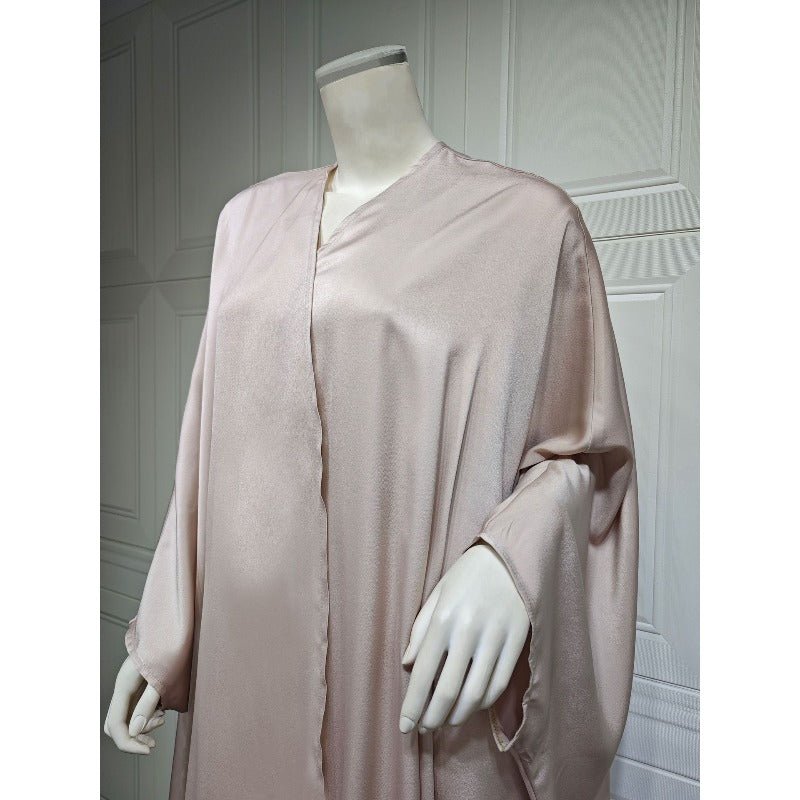 Soft Forged Bat Sleeve Abaya Robe | V - Neck Satin Cardigan Dress(MOA224) - Mariam's Collection