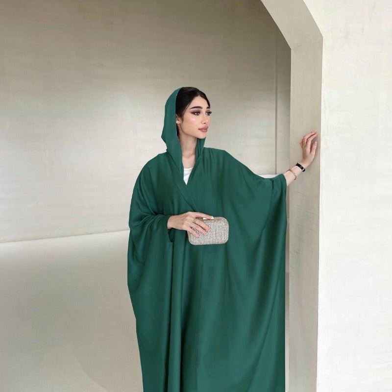 Soft Forged Bat Sleeve Abaya Robe | V - Neck Satin Cardigan Dress(MOA224) - Mariam's Collection