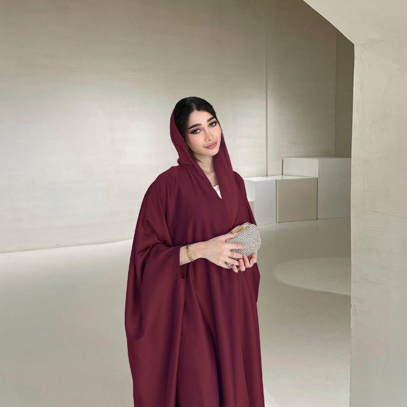 Soft Forged Bat Sleeve Abaya Robe | V - Neck Satin Cardigan Dress(MOA224) - Mariam's Collection
