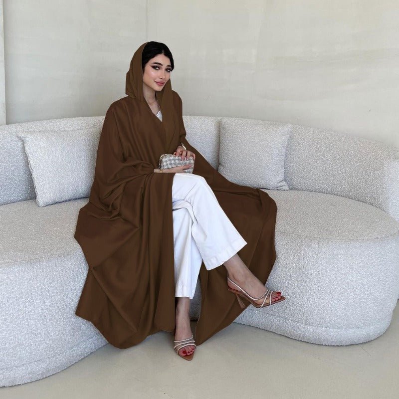 Soft Forged Bat Sleeve Abaya Robe | V - Neck Satin Cardigan Dress(MOA224) - Mariam's Collection
