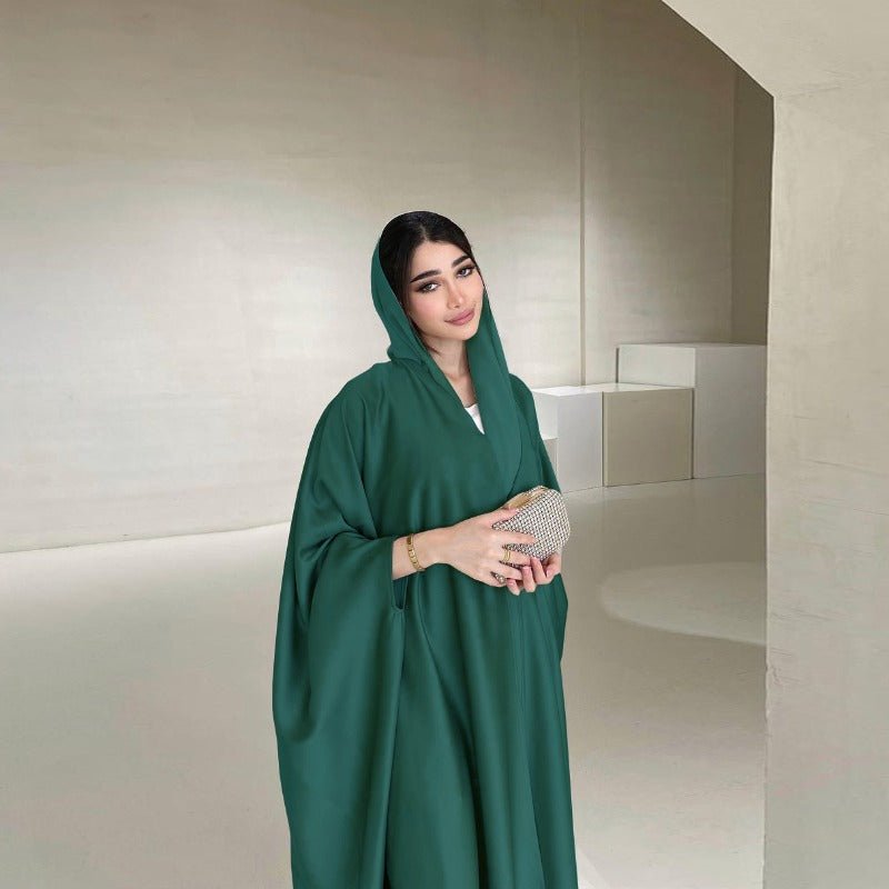 Soft Forged Bat Sleeve Abaya Robe | V - Neck Satin Cardigan Dress(MOA224) - Mariam's Collection