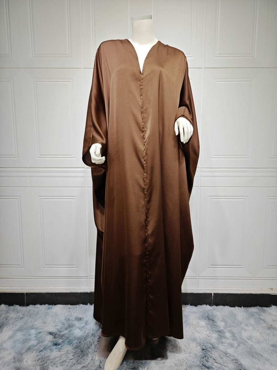 Soft Forged Bat Sleeve Abaya Robe | V - Neck Satin Cardigan Dress(MOA224) - Mariam's Collection