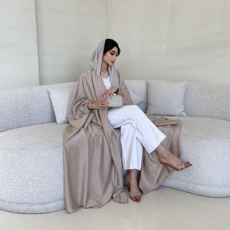 Soft Forged Bat Sleeve Abaya Robe | V - Neck Satin Cardigan Dress(MOA224) - Mariam's Collection