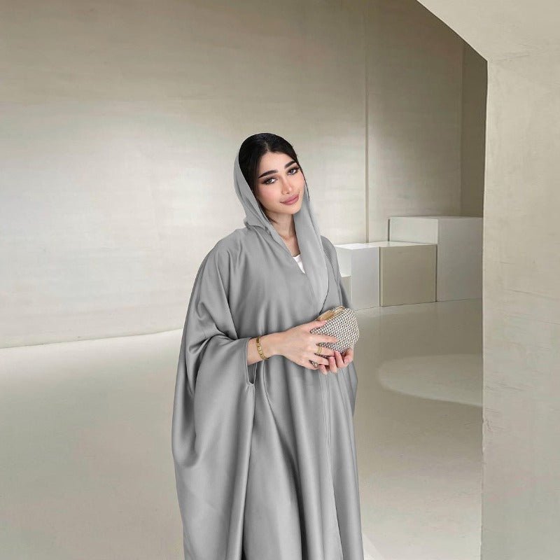 Soft Forged Bat Sleeve Abaya Robe | V - Neck Satin Cardigan Dress(MOA224) - Mariam's Collection
