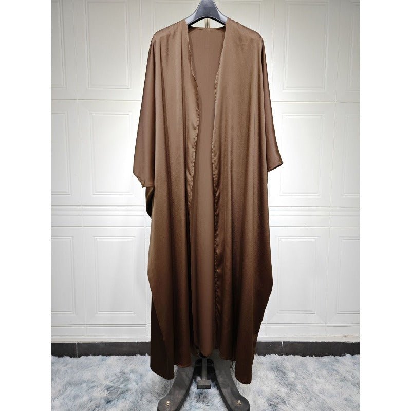 Soft Forged Bat Sleeve Abaya Robe | V - Neck Satin Cardigan Dress(MOA224) - Mariam's Collection