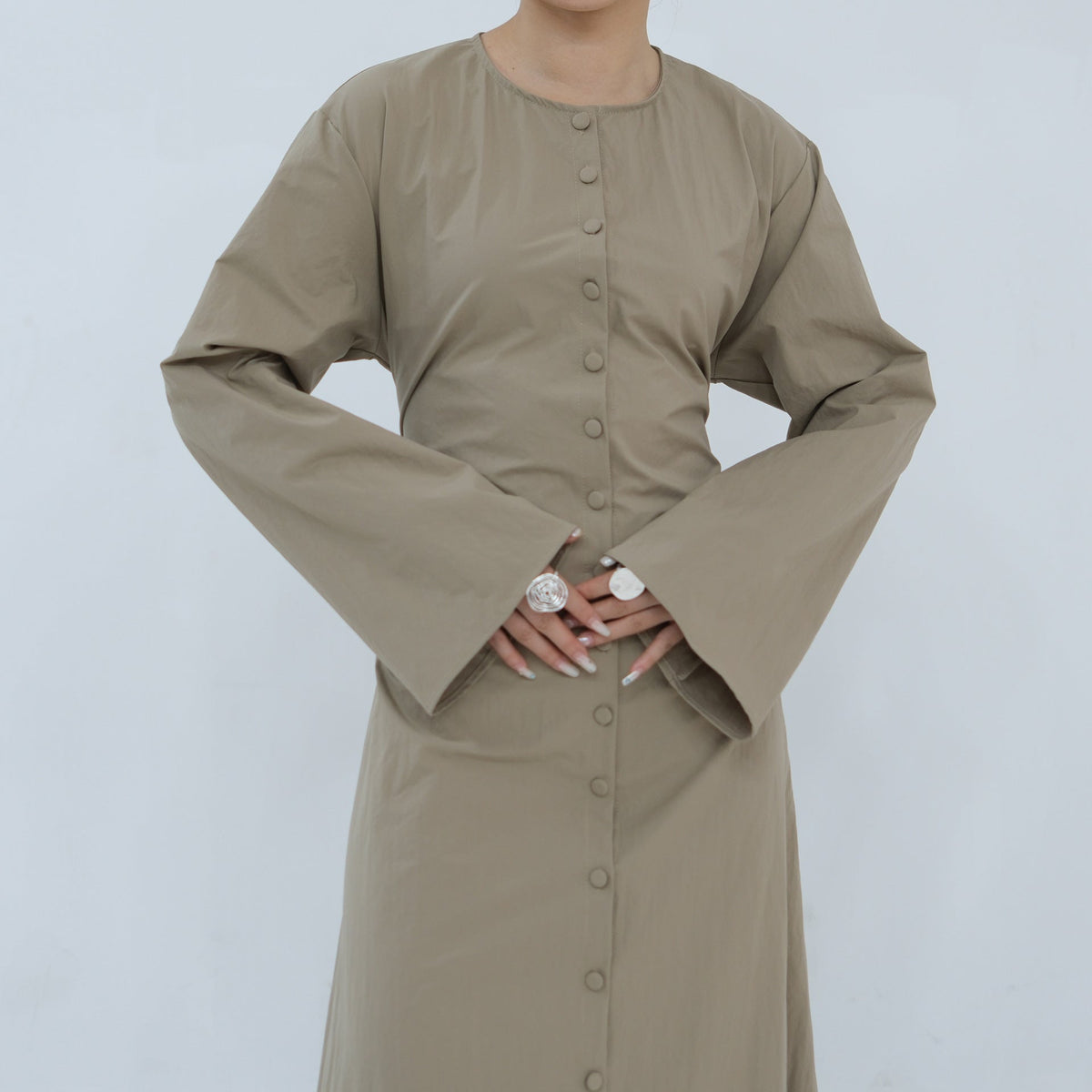 Solid Button-Front Maxi Dress | Adjustable Tie-Back Cardigan Dress(MS571) - Mariam's Collection