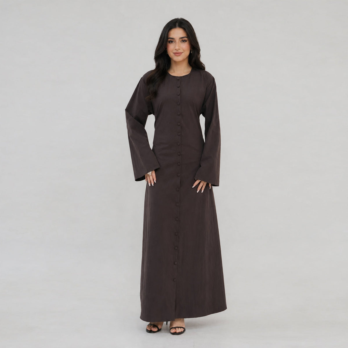 Solid Button-Front Maxi Dress | Adjustable Tie-Back Cardigan Dress(MS571) - Mariam's Collection