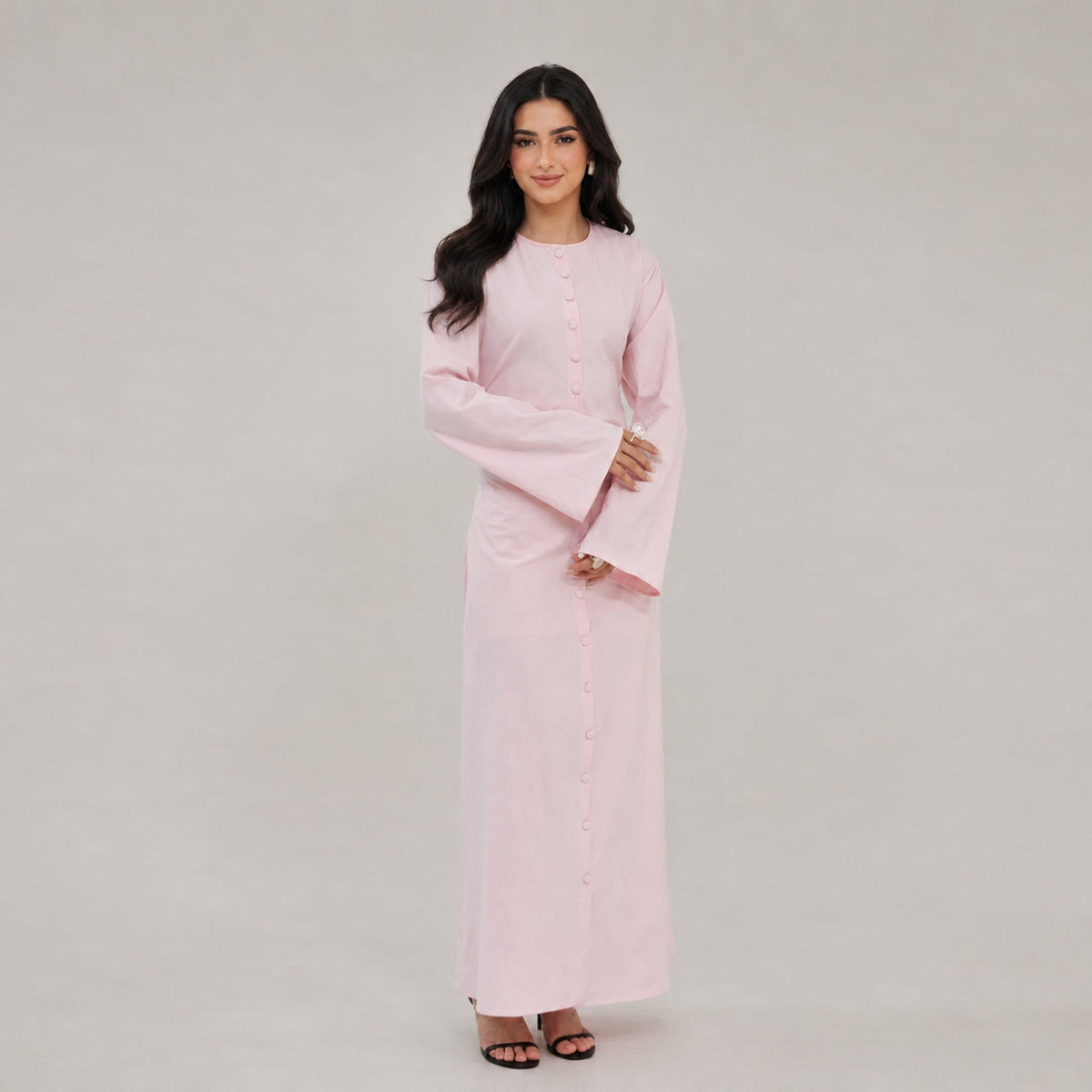 Solid Button-Front Maxi Dress | Adjustable Tie-Back Cardigan Dress(MS571) - Mariam's Collection