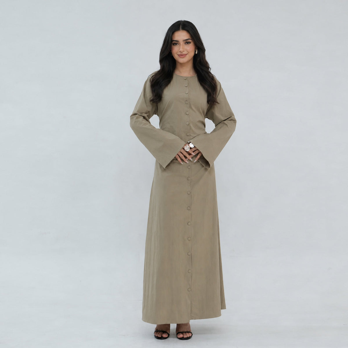 Solid Button-Front Maxi Dress | Adjustable Tie-Back Cardigan Dress(MS571) - Mariam's Collection