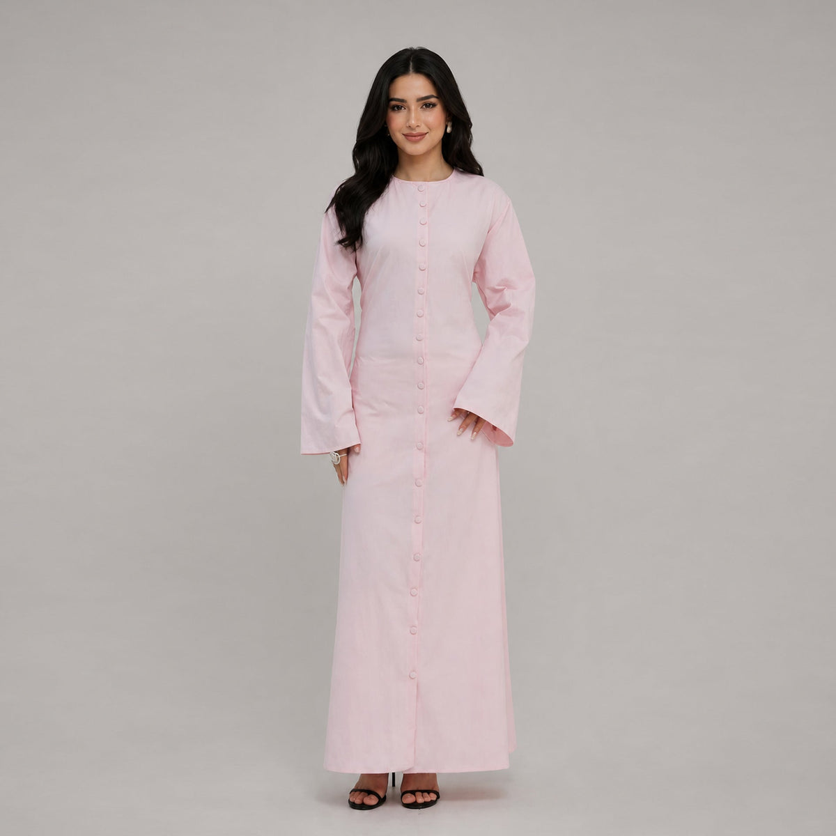 Solid Button-Front Maxi Dress | Adjustable Tie-Back Cardigan Dress(MS571) - Mariam's Collection