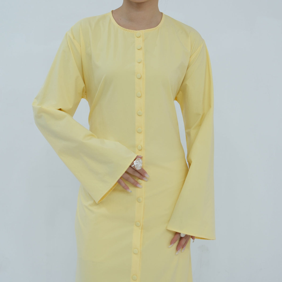 Solid Button-Front Maxi Dress | Adjustable Tie-Back Cardigan Dress(MS571) - Mariam's Collection