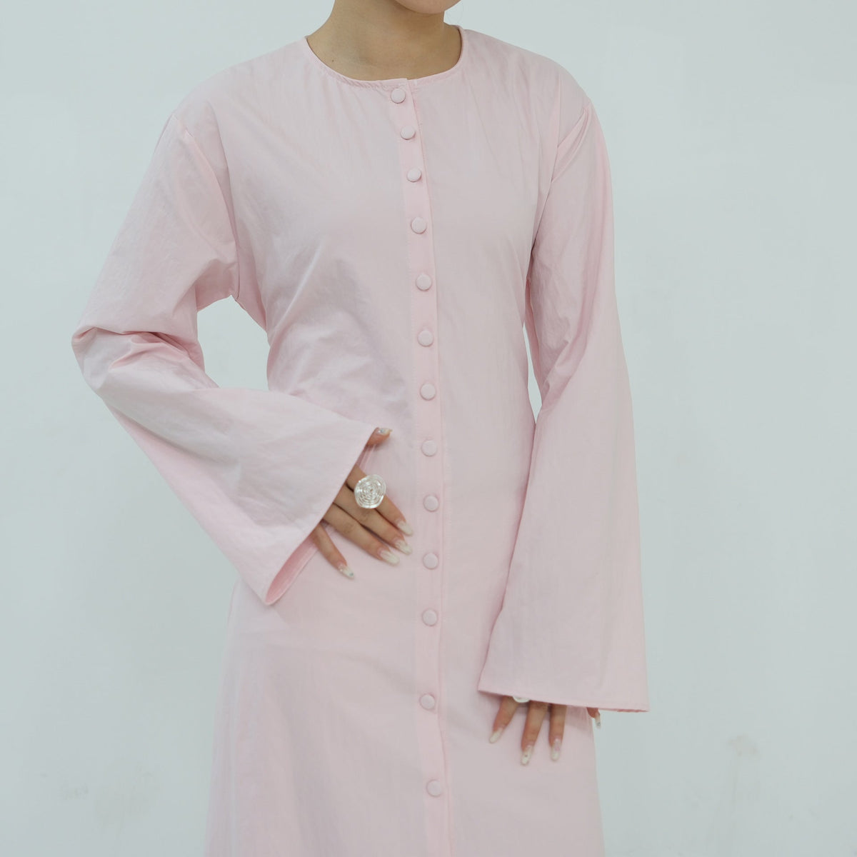 Solid Button-Front Maxi Dress | Adjustable Tie-Back Cardigan Dress(MS571) - Mariam's Collection