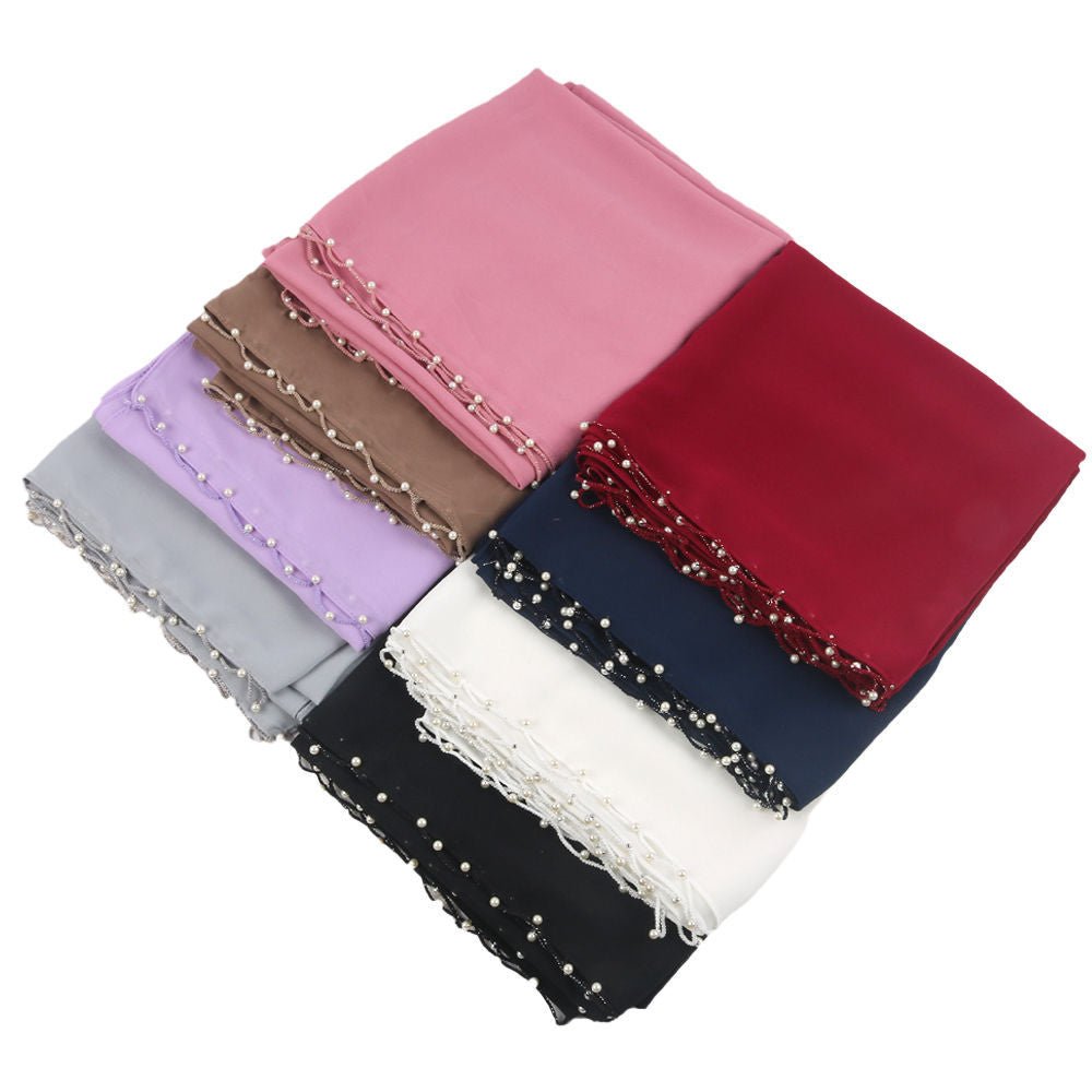 Solid Chiffon Hijab with Delicate Beaded Edging Pearl - Embellished Wave (MH139) - Mariam's Collection