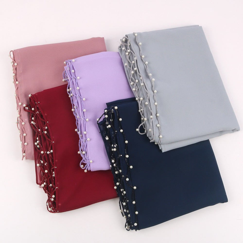 Solid Chiffon Hijab with Delicate Beaded Edging Pearl - Embellished Wave (MH139) - Mariam's Collection