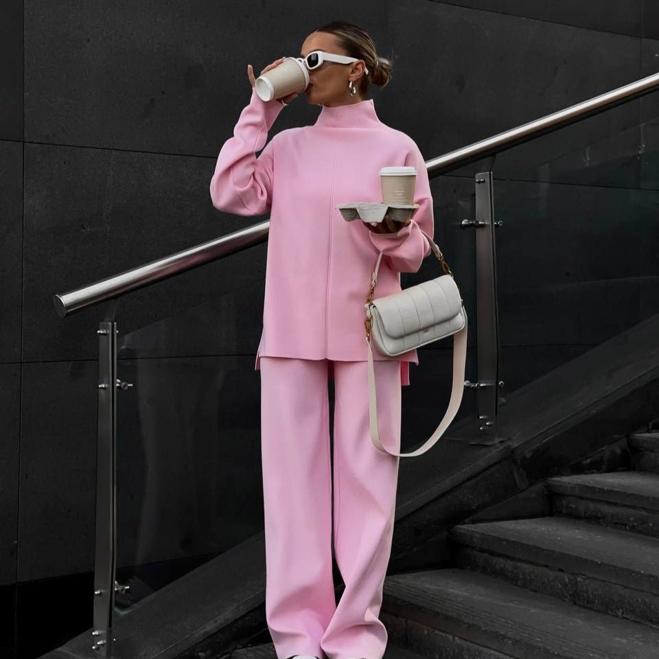 Solid Color Asymmetric Tunic & Wide Leg Pants Set(MS174) - Mariam's Collection