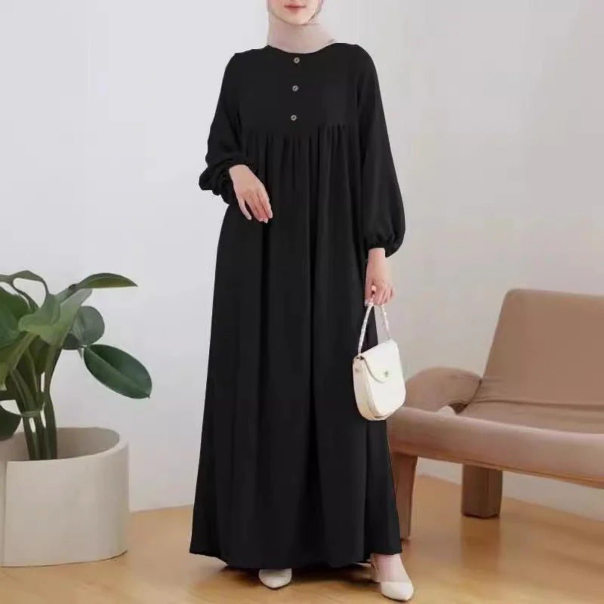 Solid Color Bubble Sleeve with Button Casual & Elegant Long Maxi Dress Abaya (MA157) dark green / 5XL