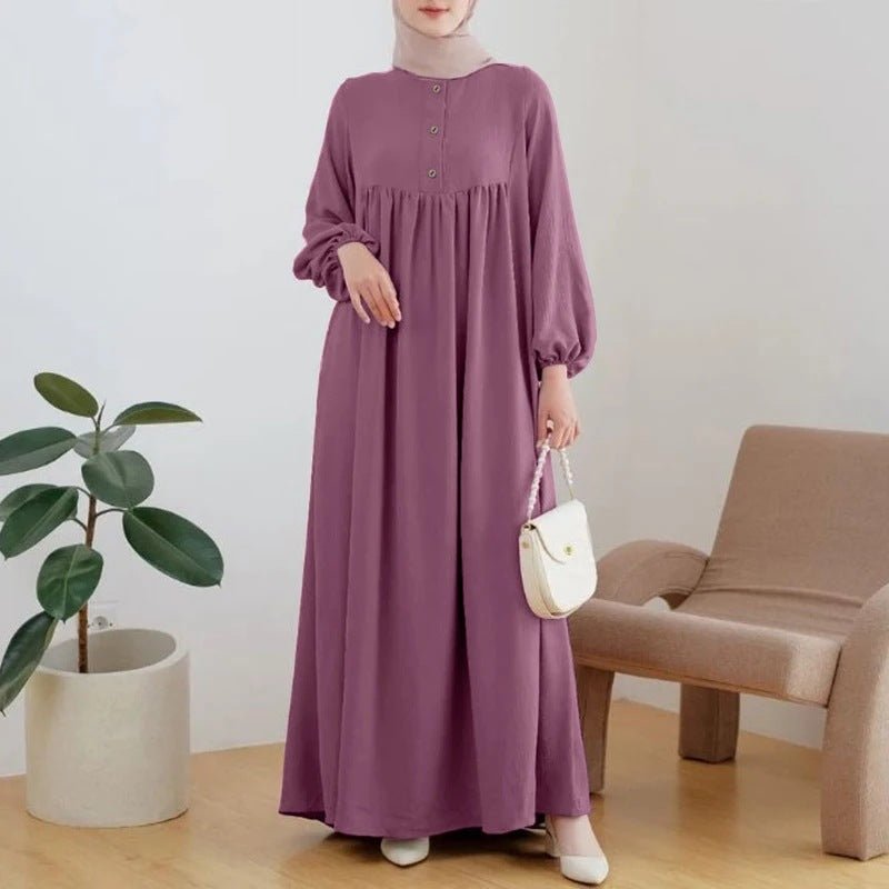 Solid Color Bubble Sleeve with Button Casual & Elegant Long Maxi Dress Abaya .(MA157) - Mariam's Collection