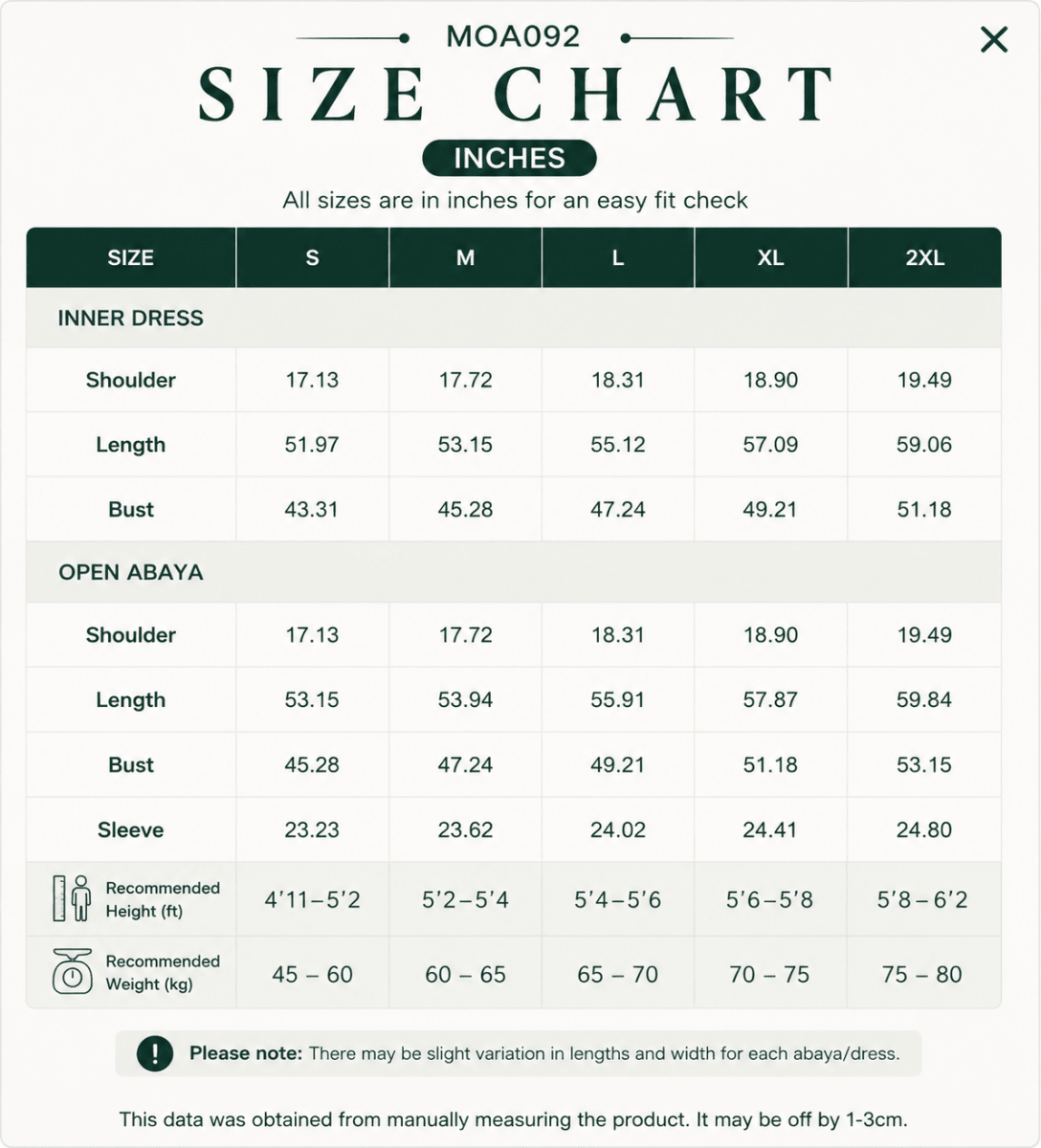 Size chart reference image for the 3-piece solid colour open abaya set