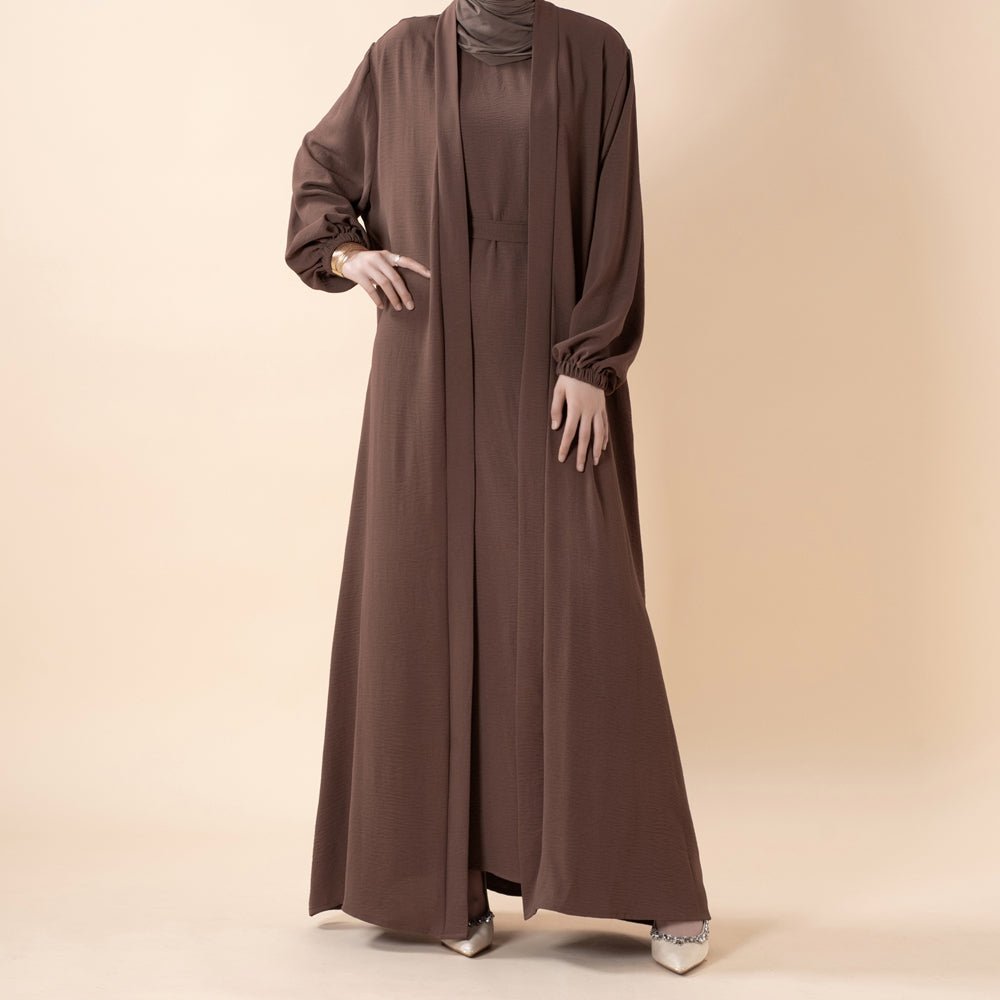 Alternate colour variant of the solid colour elegant open abaya 3-piece set