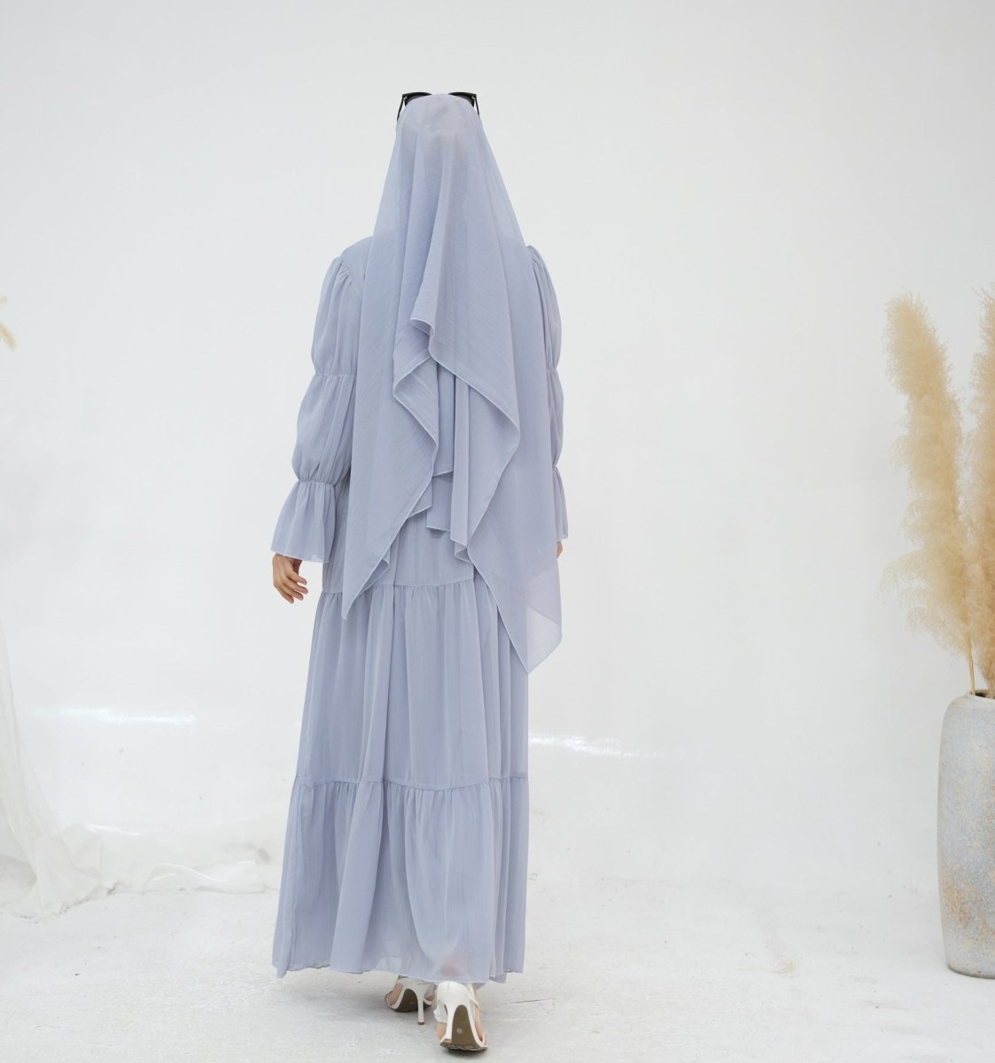 Solid Color Layered Chiffon Elegant Open Abaya 2 - Piece Set (MOA132) - Mariam's Collection