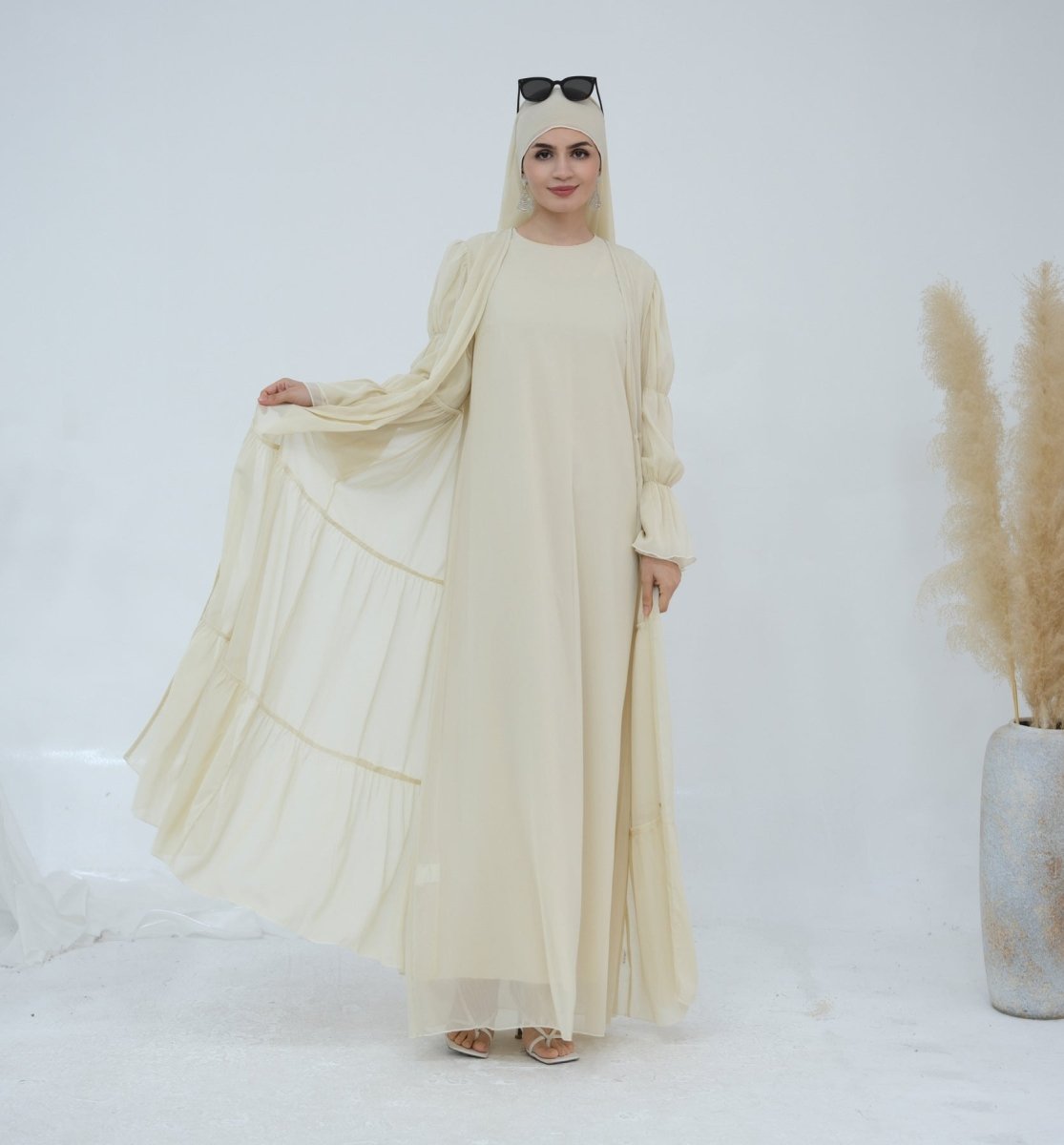 Solid Color Layered Chiffon Elegant Open Abaya 2 - Piece Set (MOA132) - Mariam's Collection
