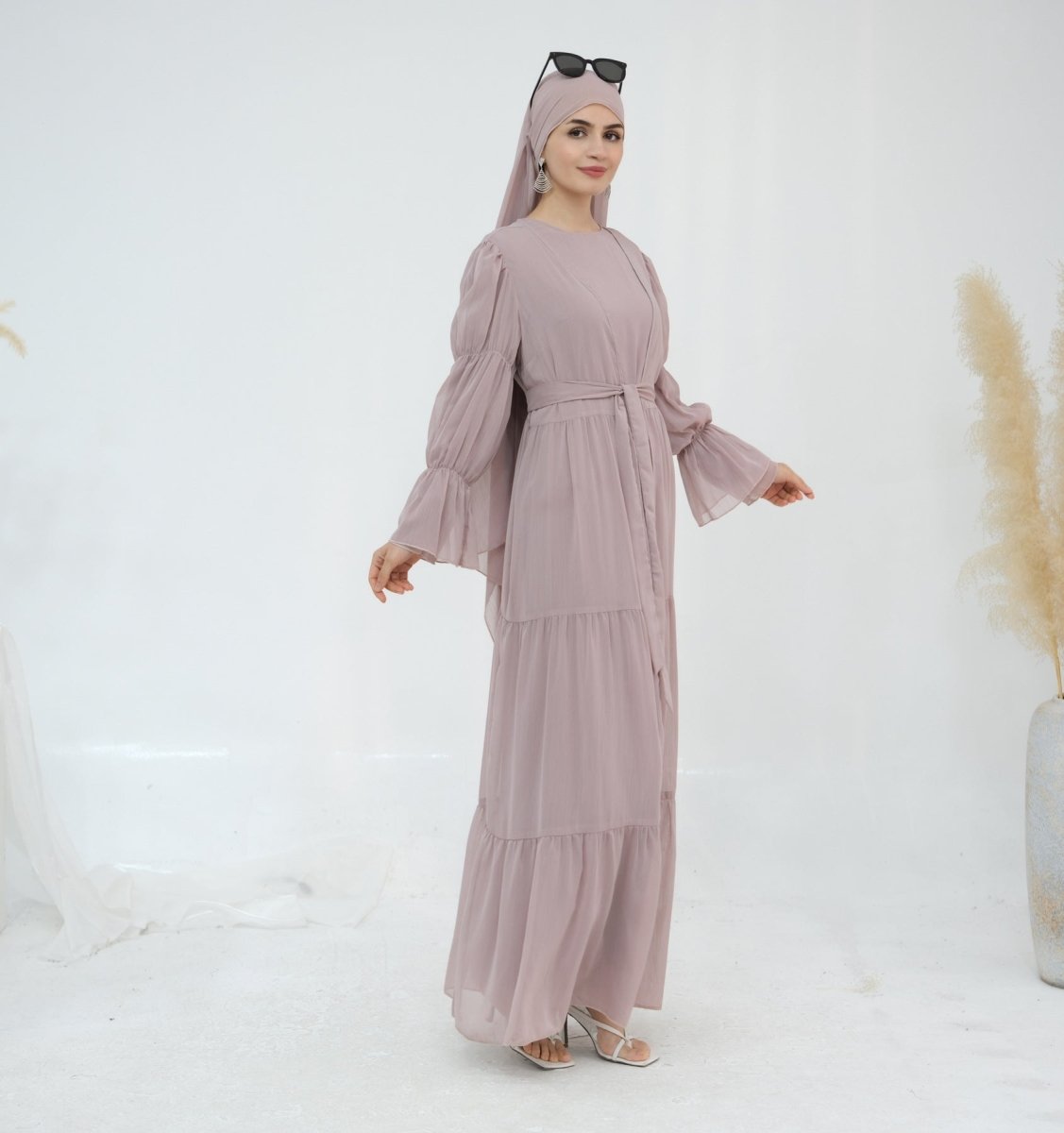 Solid Color Layered Chiffon Elegant Open Abaya 2 - Piece Set (MOA132) - Mariam's Collection