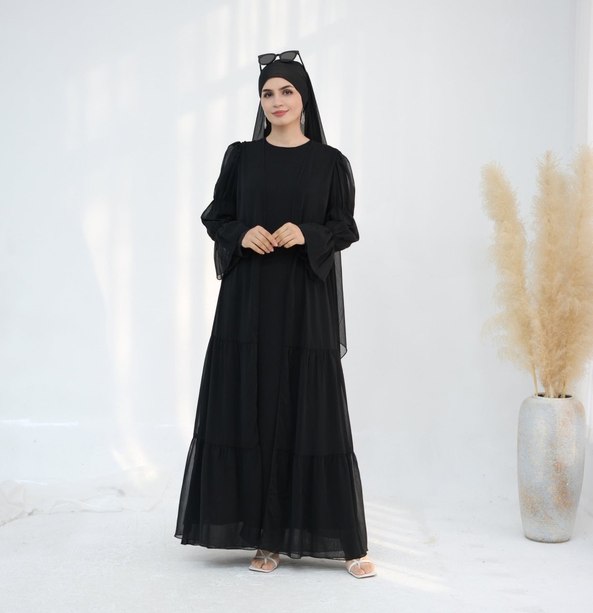 Solid Color Layered Chiffon Elegant Open Abaya 2 - Piece Set (MOA132) - Mariam's Collection