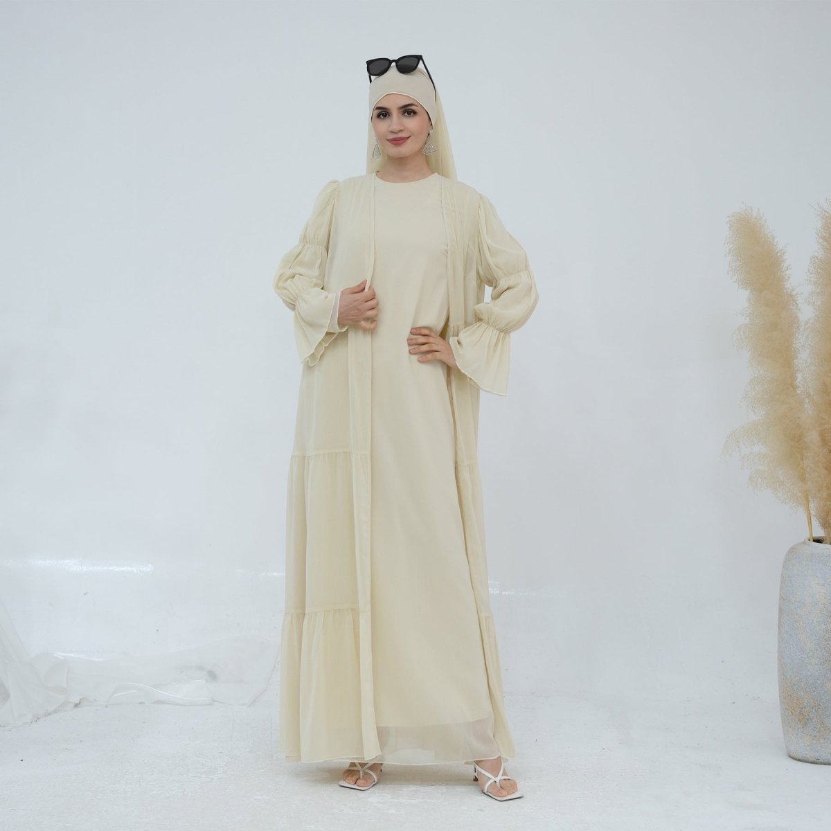 Solid Color Layered Chiffon Elegant Open Abaya 2 - Piece Set (MOA132) - Mariam's Collection