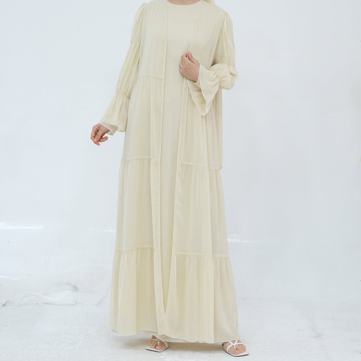 Solid Color Layered Chiffon Elegant Open Abaya 2 - Piece Set (MOA132) - Mariam's Collection