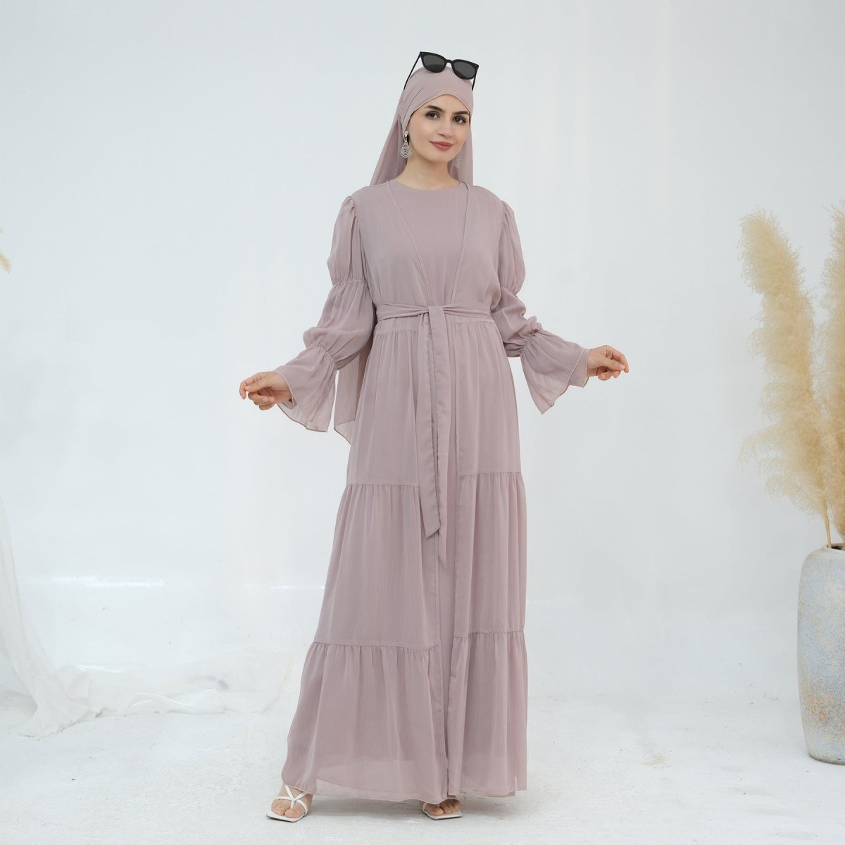 Solid Color Layered Chiffon Elegant Open Abaya 2 - Piece Set (MOA132) - Mariam's Collection