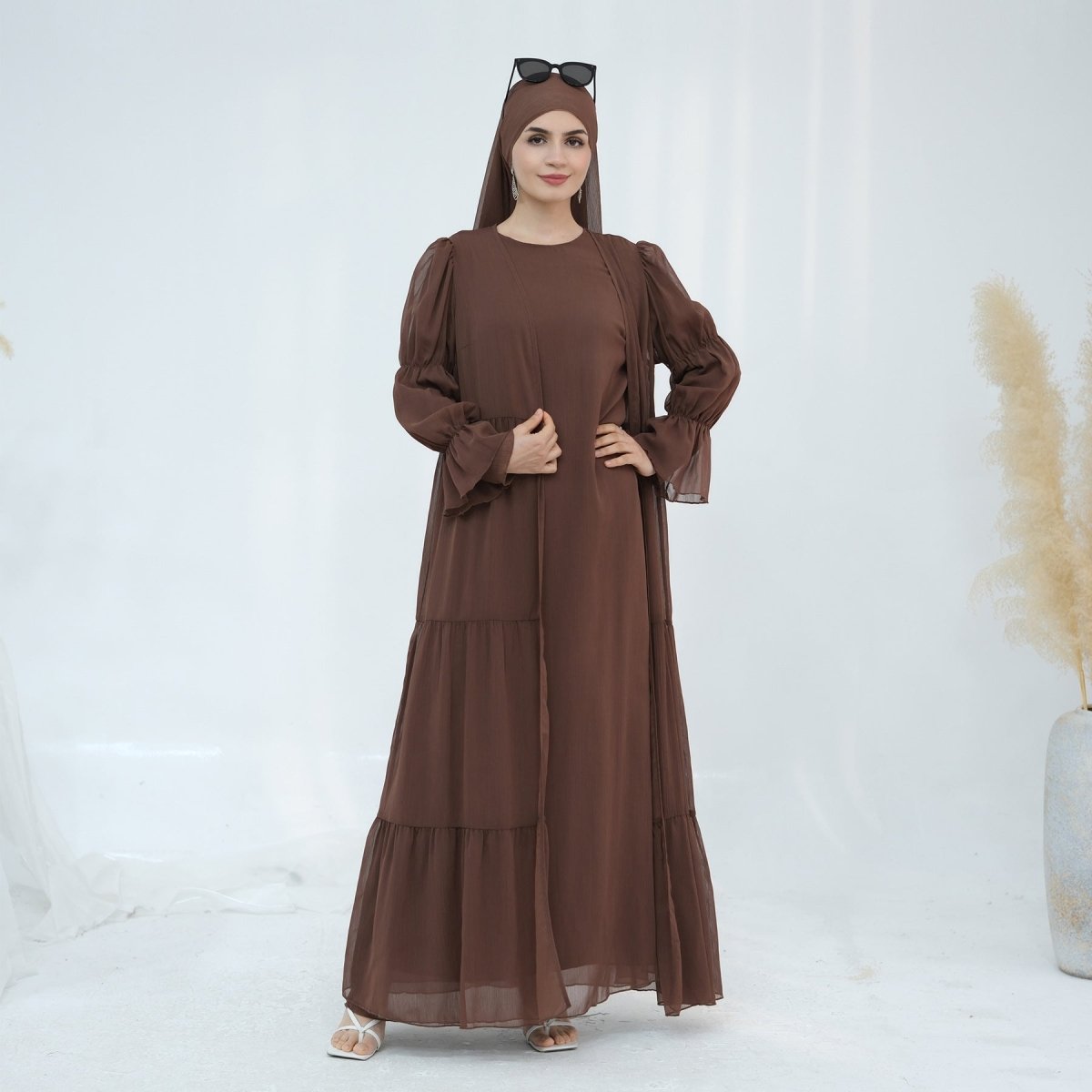 Solid Color Layered Chiffon Elegant Open Abaya 2 - Piece Set (MOA132) - Mariam's Collection
