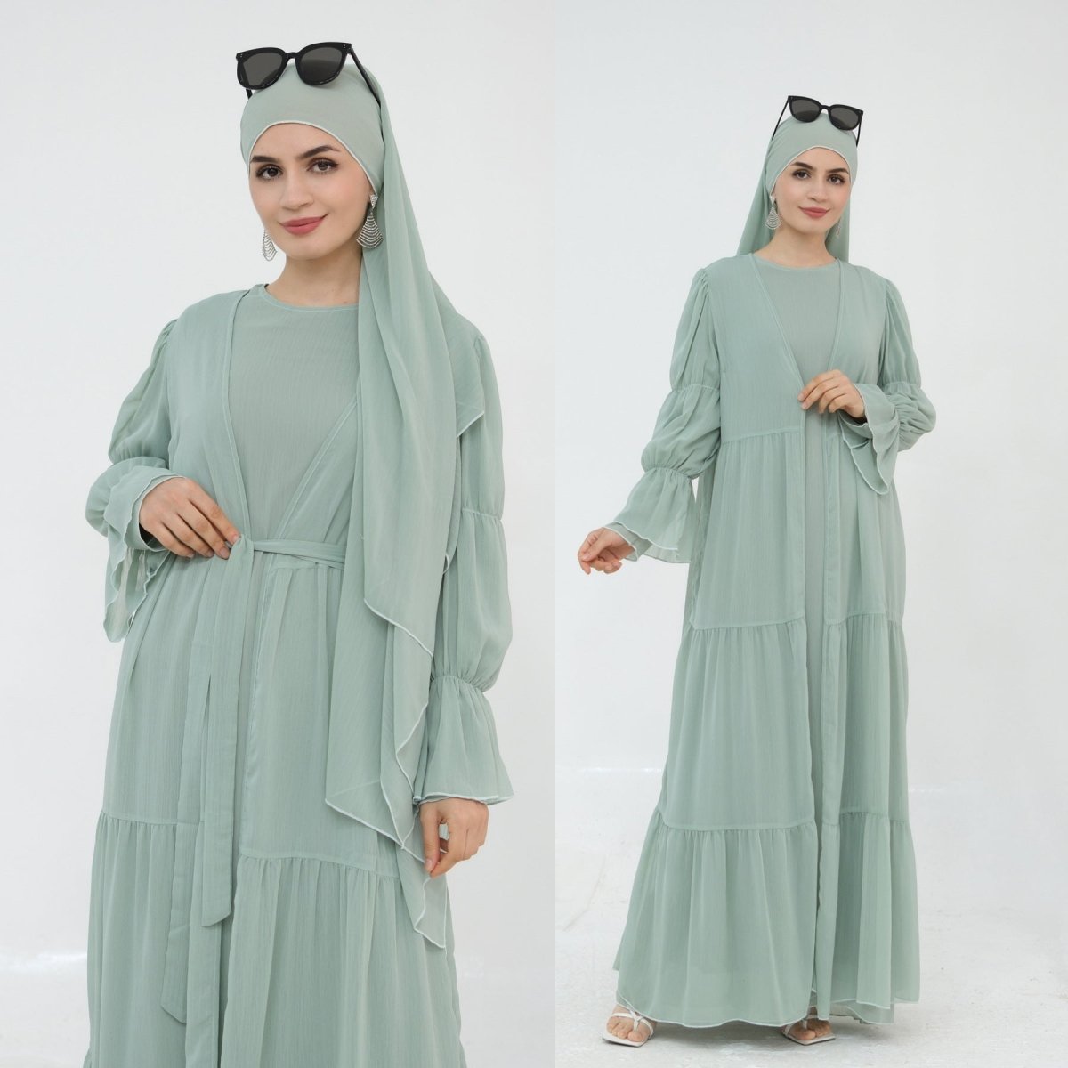 Solid Color Layered Chiffon Elegant Open Abaya 2 - Piece Set (MOA132) - Mariam's Collection