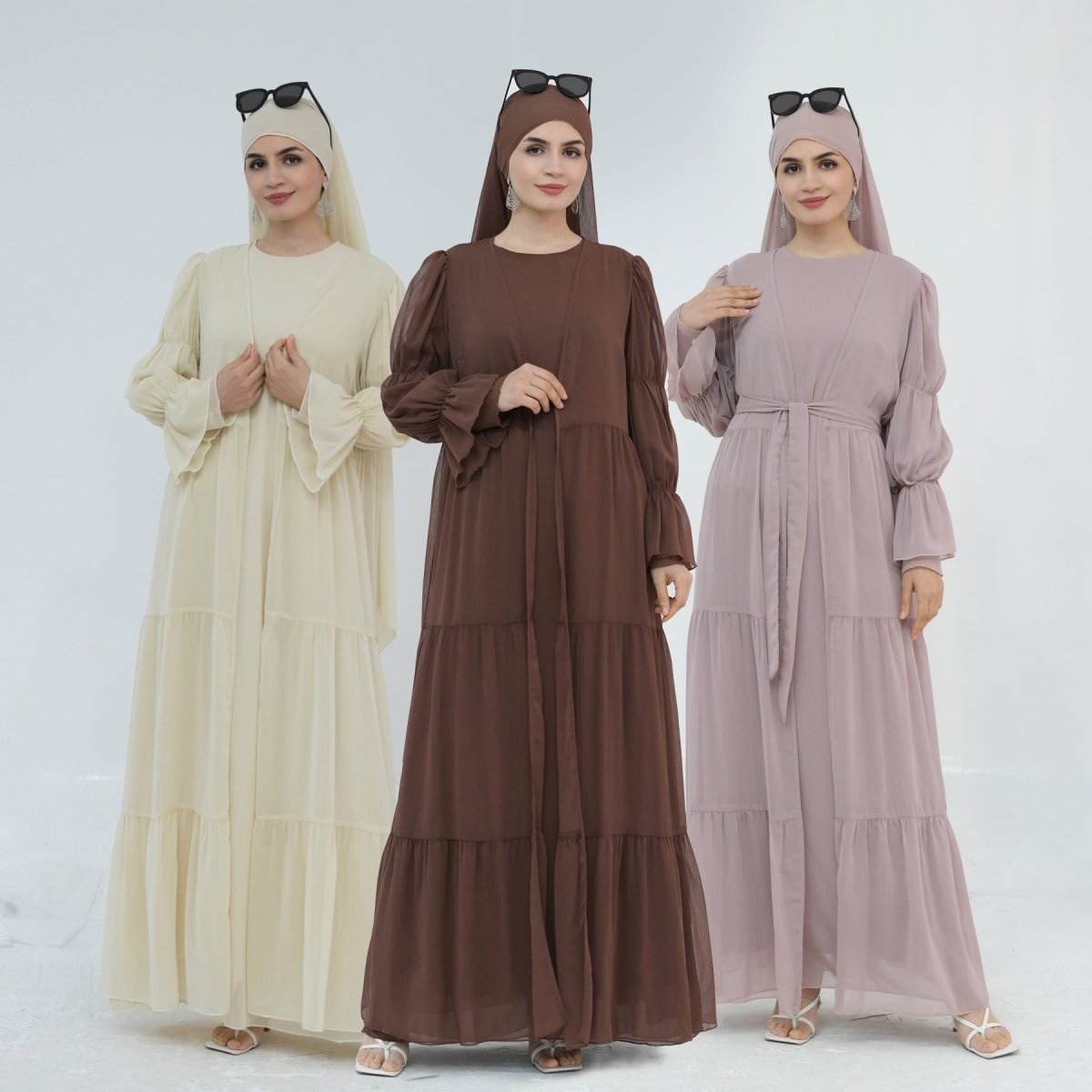 Solid Color Layered Chiffon Elegant Open Abaya 2 - Piece Set (MOA132) - Mariam's Collection