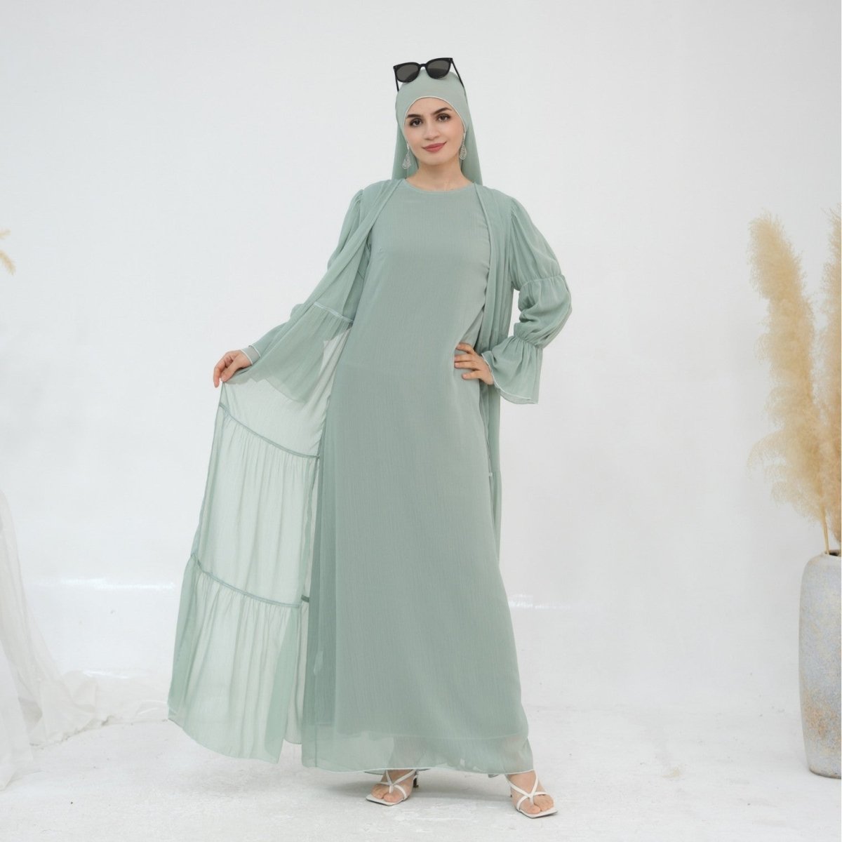 Solid Color Layered Chiffon Elegant Open Abaya 2 - Piece Set (MOA132) - Mariam's Collection